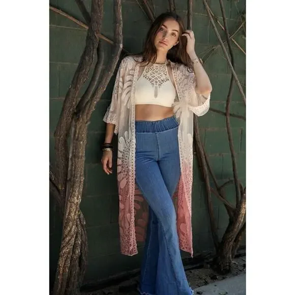 Womens Embroidered Ombre Lace Kimono Boho Sheer 3/4 Sleeve Rose OSFM 48x20 - Picture 3 of 6